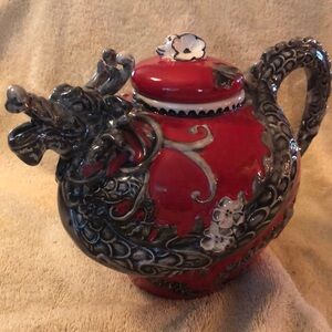 Red Dragon/Vine Teapot Collectible Blue Sky Clayworks 7”high 10” wide